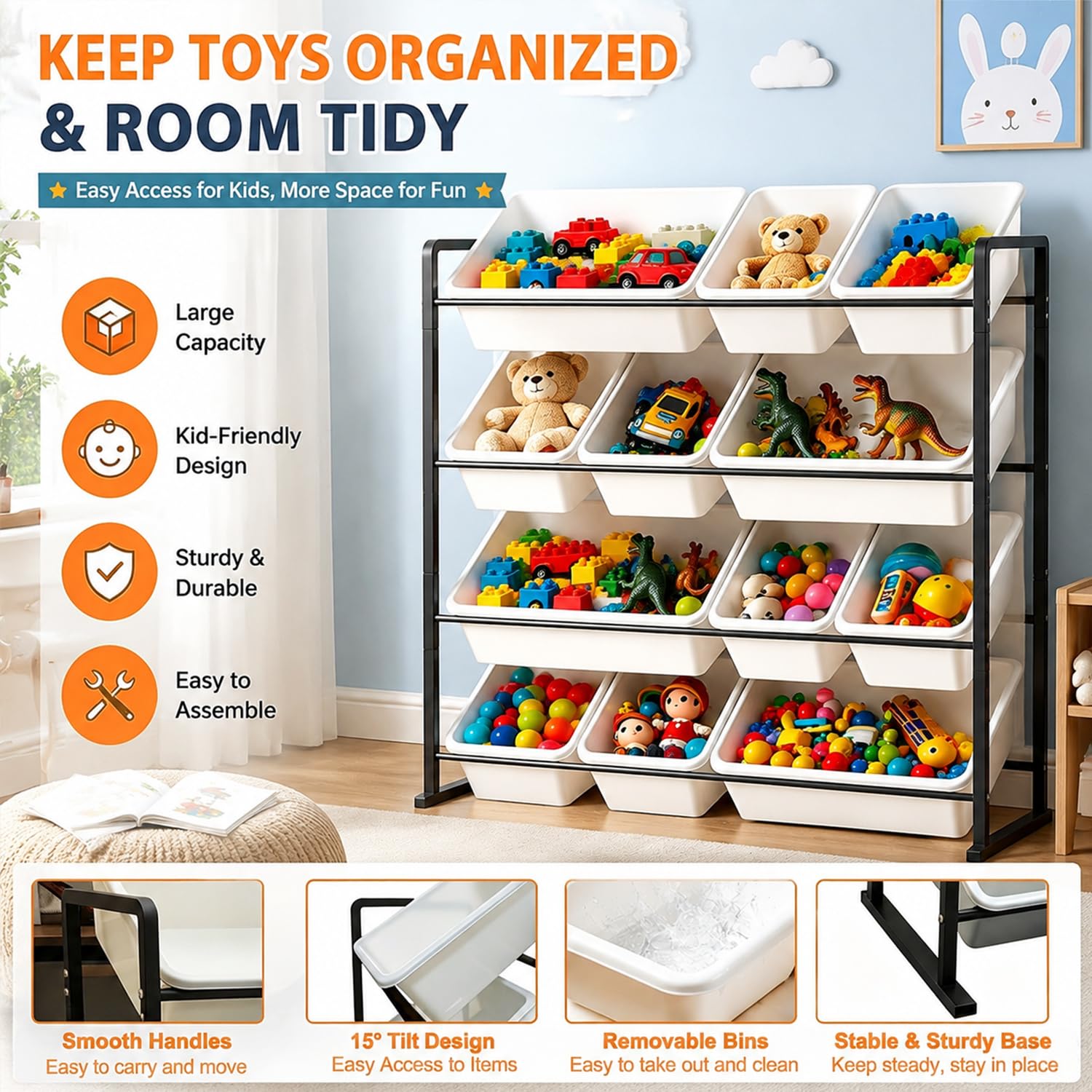 Kinderregal mit 12 Boxen,Spielzeug Organizer Schwarz