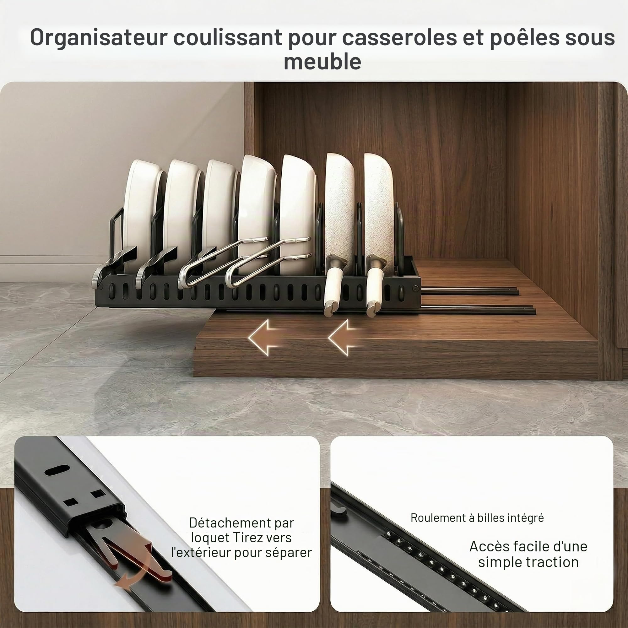 Rangement Poele et Casserole pour Tiroir Cuisine, Organiseur de Poêle avec 8 Compartiments Réglables, Porte-casseroles Support Coulissant, Range Couvercle (2 Pièce，Noir)