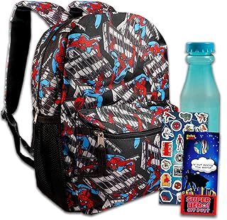 Spiderman Backpack for Boys 4-6 Set - Bundle with 16" Spiderman Backpack Plus Water Bottle, Stickers, More | Spiderman School Bag for Boys