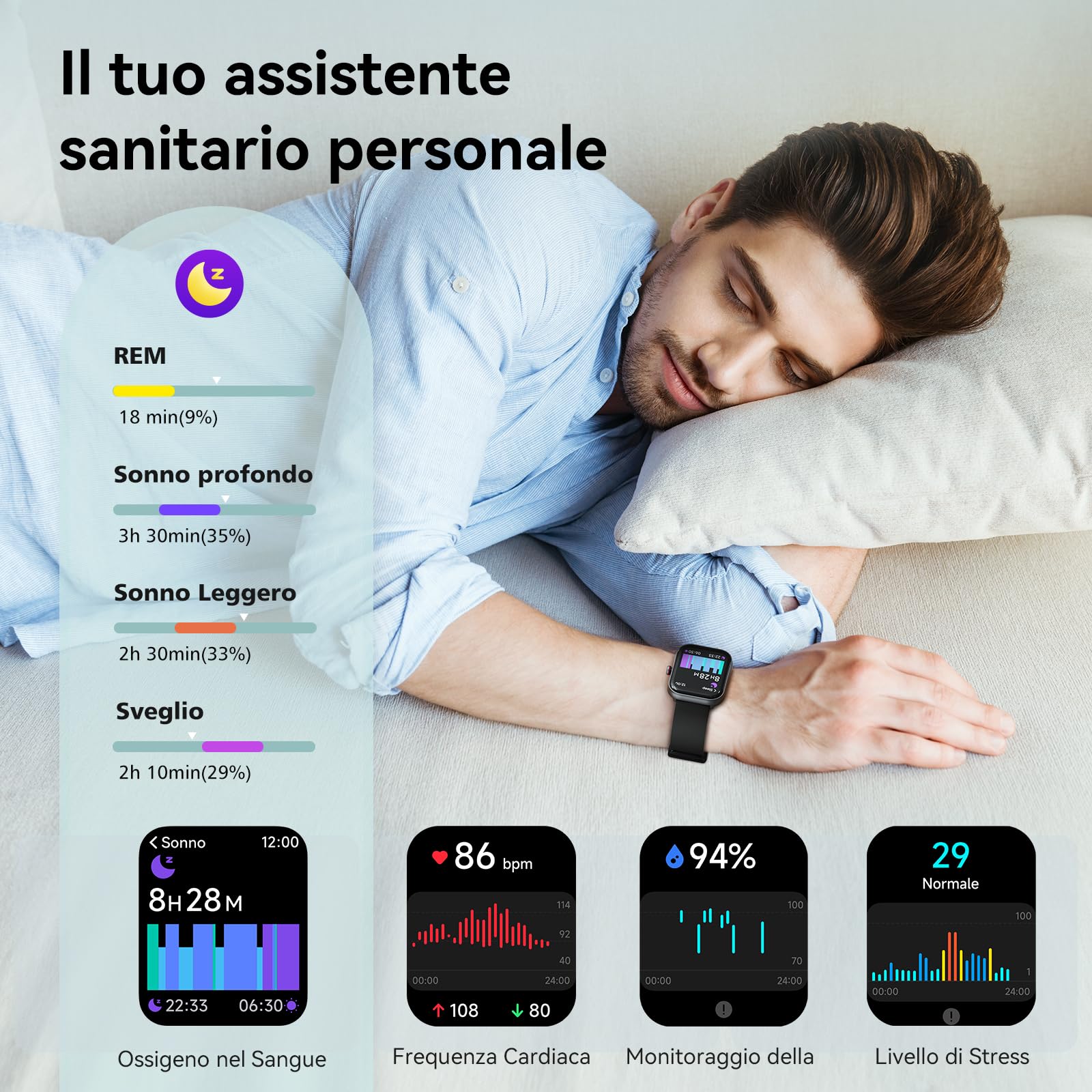 Smartwatch Uomo Donna, 1.91" Orologio Smartwatch Chiamate, Alexa Integrato Fitness Tracker con cardiofrequenzimetro Monitor del SpO2/Sonno/Stress,110 Sportive IP68 Orologio Contapassi per Android iOS