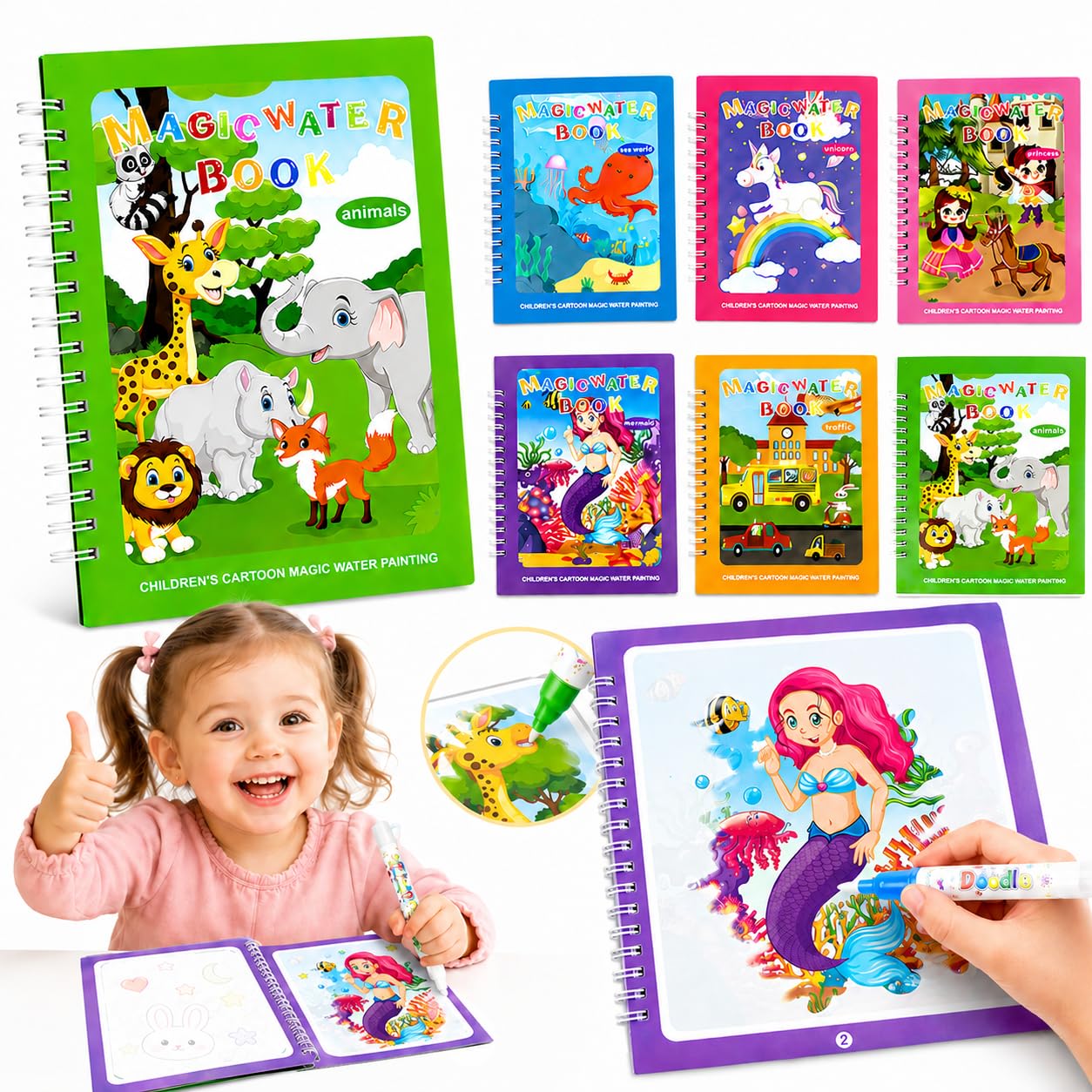 Tangdudu 6-częściowy zestaw magicznych kolorowanek wodnych, wielokrotnego użytku, dla dzieci z 6 pisakami wodnymi, czysta zabawka edukacyjna, zabawka podróżna, książka aktywności dla chłopców i
