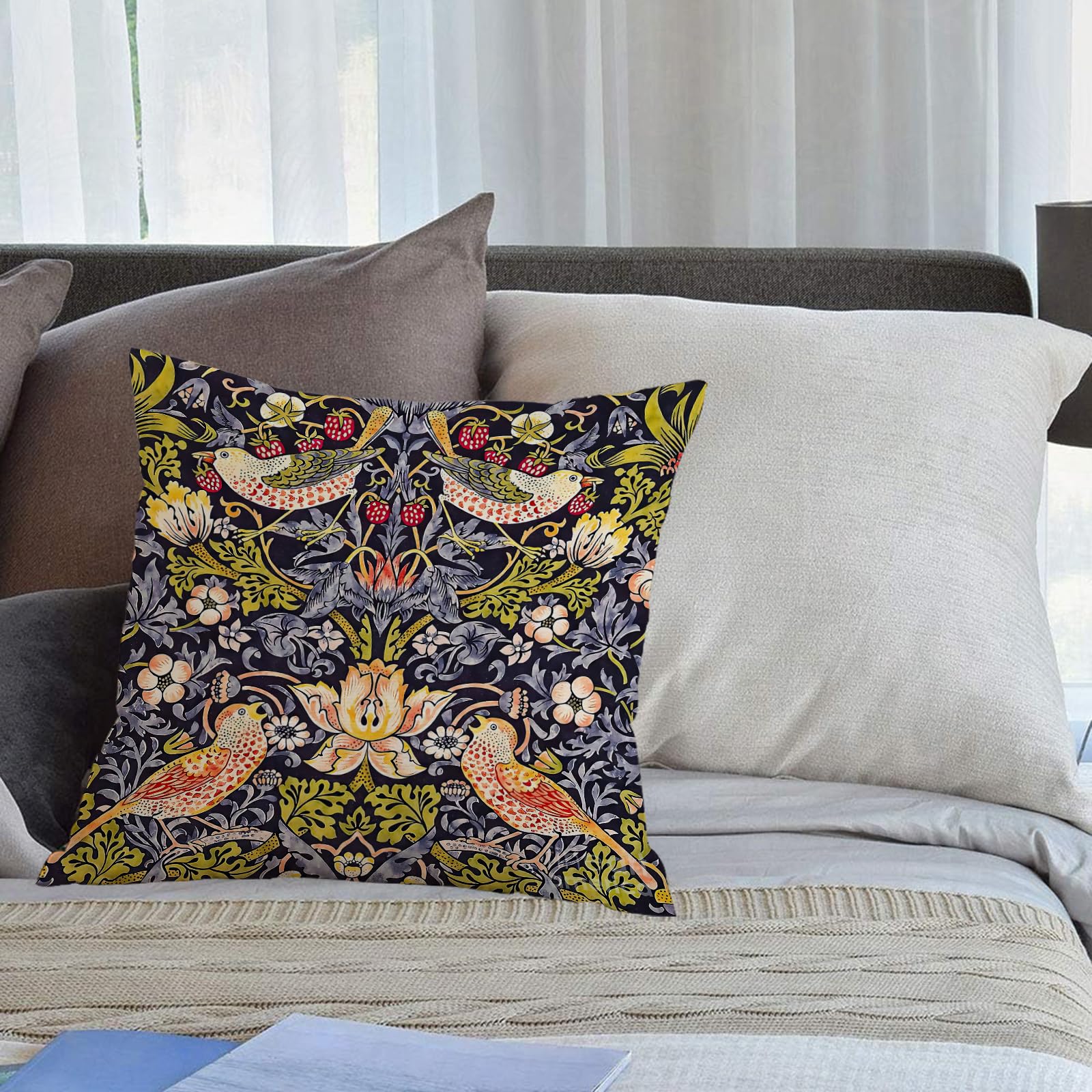 KHWEJ Cushion Covers Square Throw Pillow Case Printed Soft Pillowcases for Outdoor Patio Sofa Balcony Living Room,William Morris's famous Strawberry Thief pattern (1883).,16x16 in