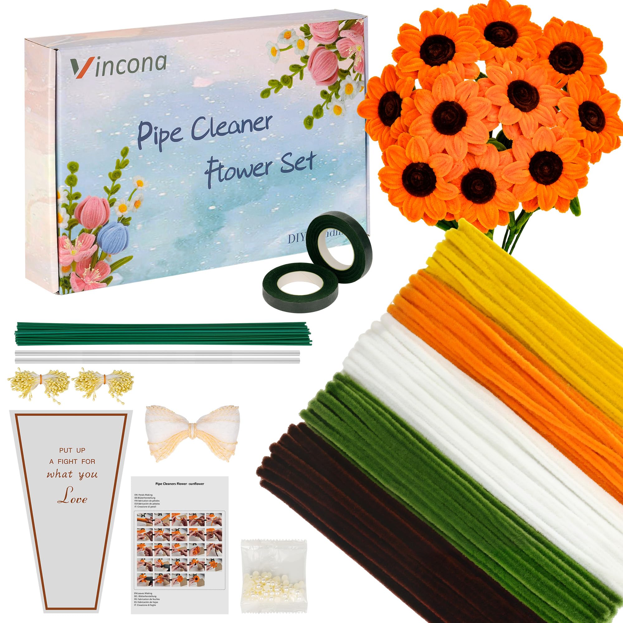 Vincona 400 Stück Pfeifenreiniger Blumen Set, Pfeifenputzer Blumen Zum Basteln （5 Farben） Inklusive 20 Blütenstiele, Band, Staubgefäße und Straußverpackung für Blumenstrauß DIY Gelb