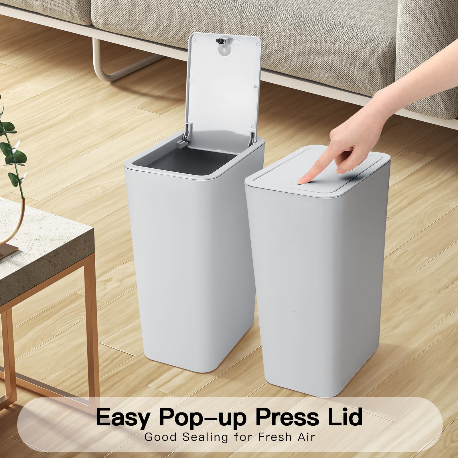 JOTOM Zestaw 3 mini koszy na śmieci do łazienki z pokrywką pop-up, 10 l, nowoczesny kosz na śmieci, nadaje się do salonu, sypialni, kuchni, WC, biura (kolor szary)