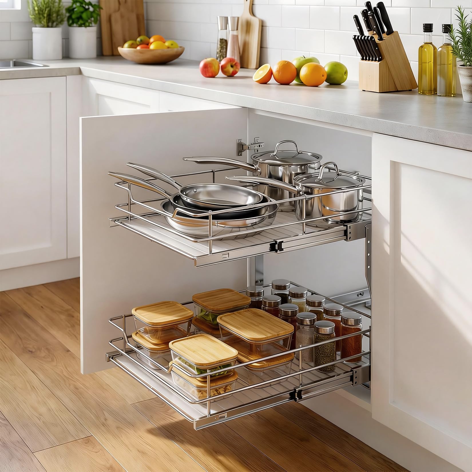 Panier coulissant 2 niveaux pour placard de cuisine, tiroir extractible avec glissières à billes, acier carbone électroplaqué, gain de place, 20x21, Double-layer guide rail, Carbon steel