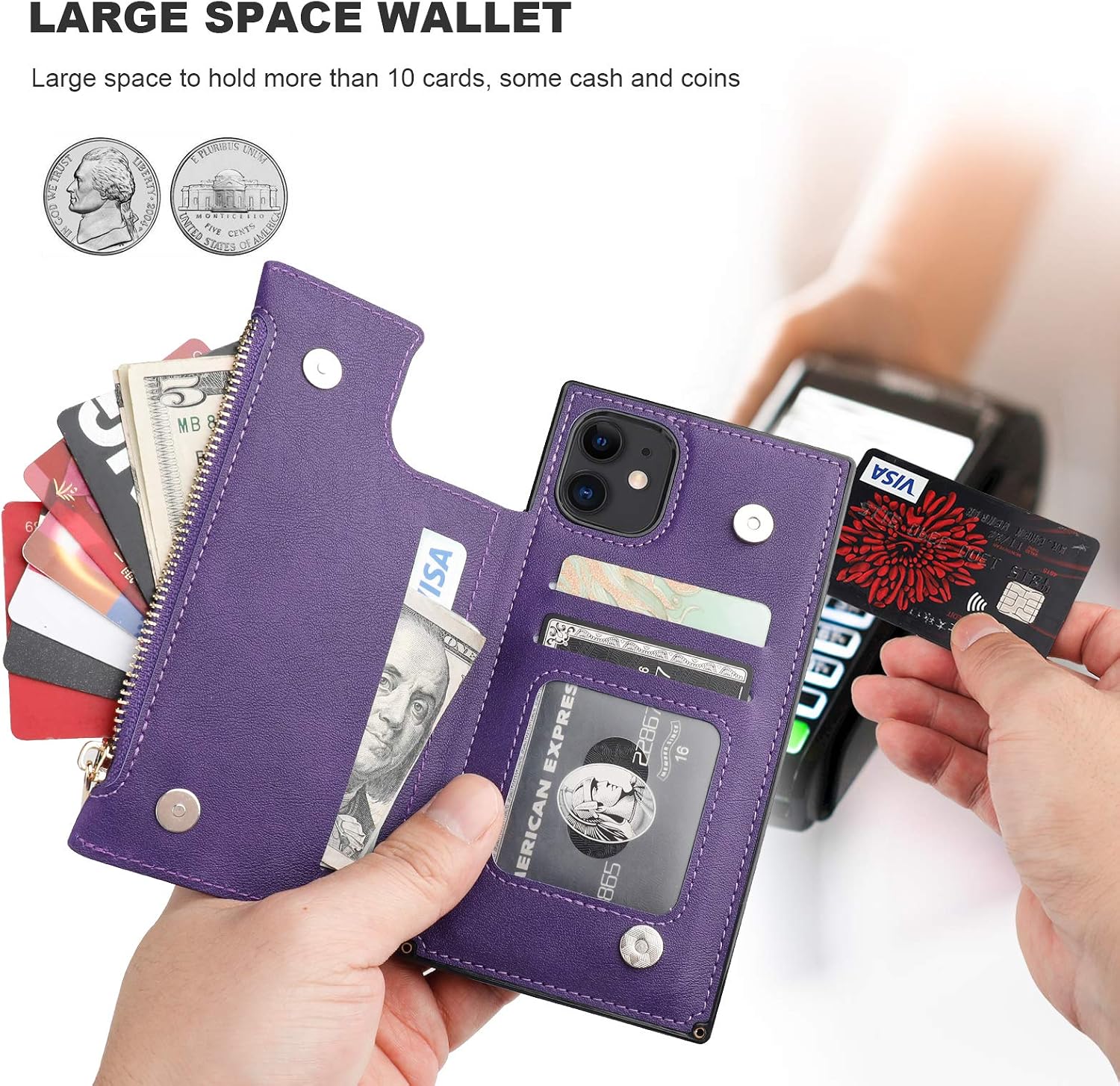 Bocasal Wallet Case for iPhone 11 with 3 Card Slots Cash Holder Zipper Design Premium PU Leather Sturdy Magnetic Closure 6.1 Inch(Purple)