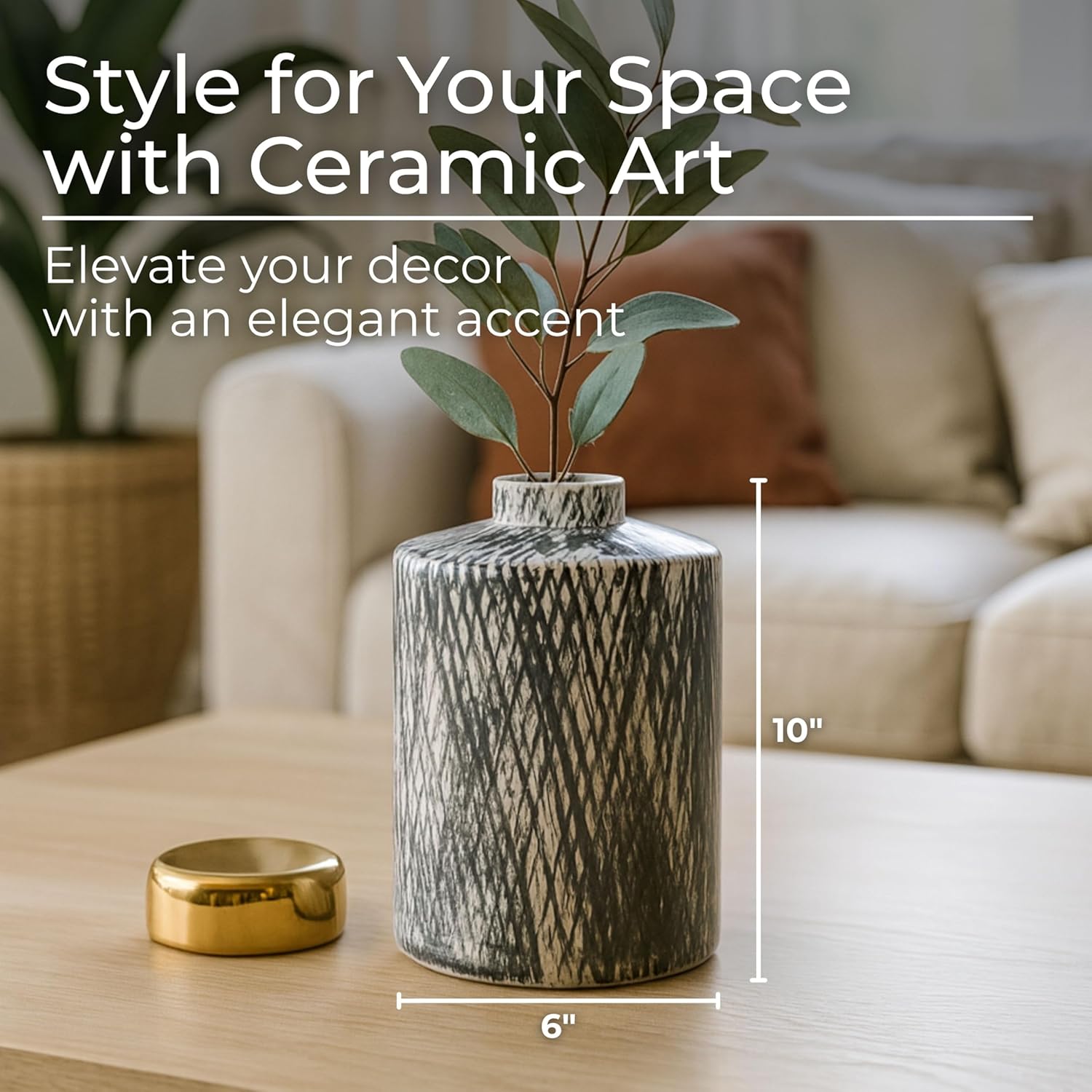 Modern Ceramic Ginger Jar Vase for Living Room Decor - Flower Vase for Home Display, Bedroom, and Dining Room - Decorative Accent with Lid for House, Office, and Tabletop - 10", Black & Gold