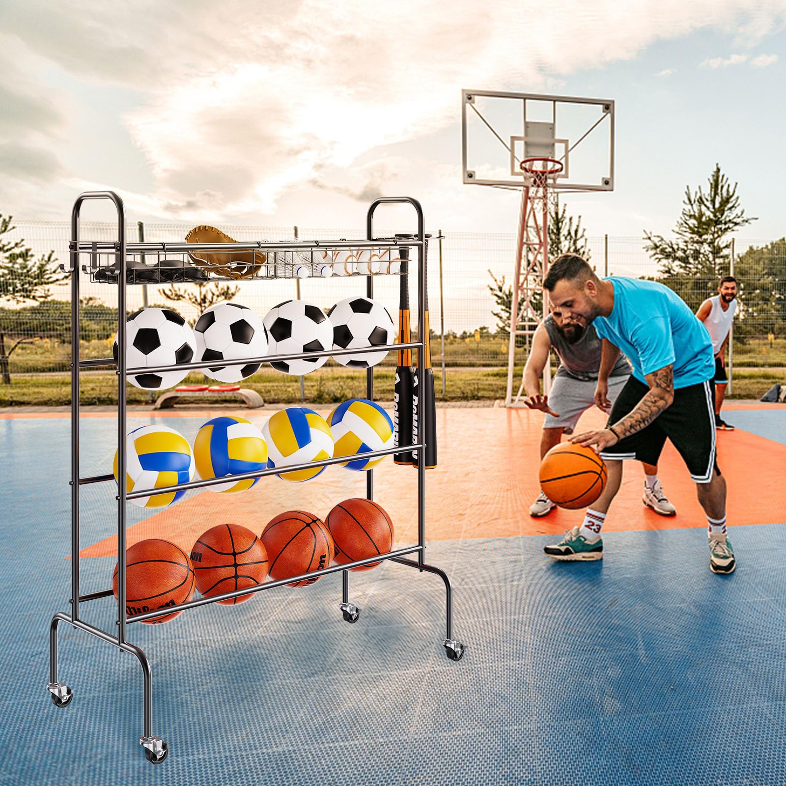 VEVOR Basketballständer, 4-lagiger rollender Basketball-Schieß-Trainingsständer, Aufbewahrungsorganisator für Sportgeräte mit Rädern, Haken und Körben, Garagenball-Aufbewahrungshalter für Fußball, Fuß