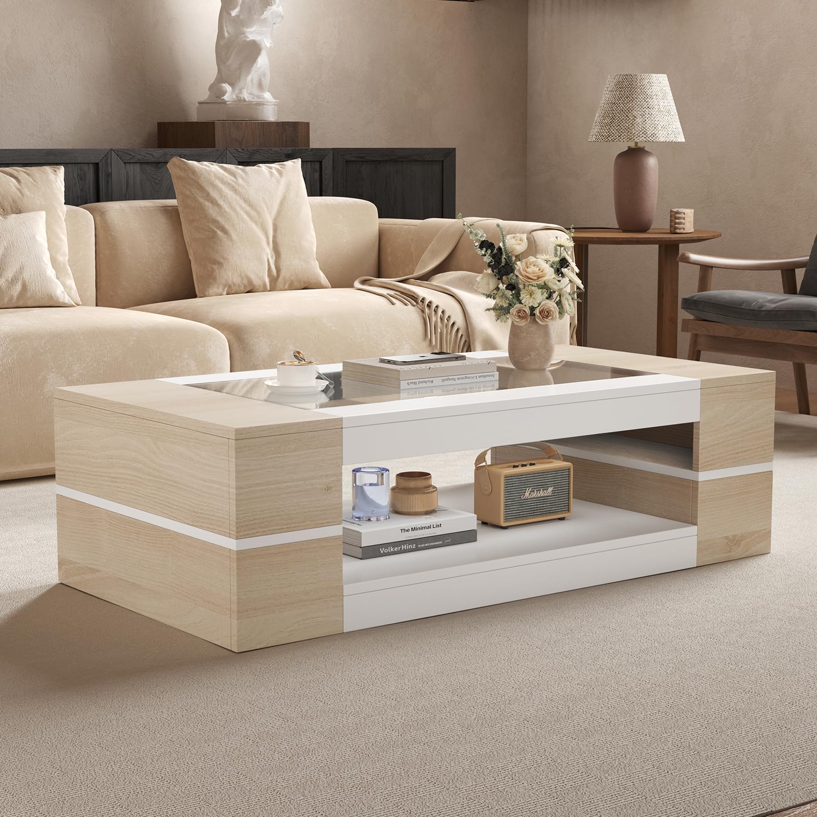 KEEPREAPER Rectangular Modern Stylish Coffee Table with Glass Top Natural