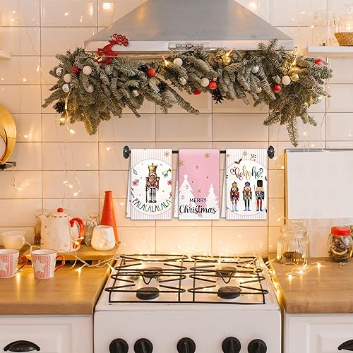 Miniatura 4 de Zubebe 6 paños de cocina rosa cascanueces de Navidad de 18 x 28 pulgadas, toalla de cocina de soldado de Navidad, toalla de té de secado a mano para