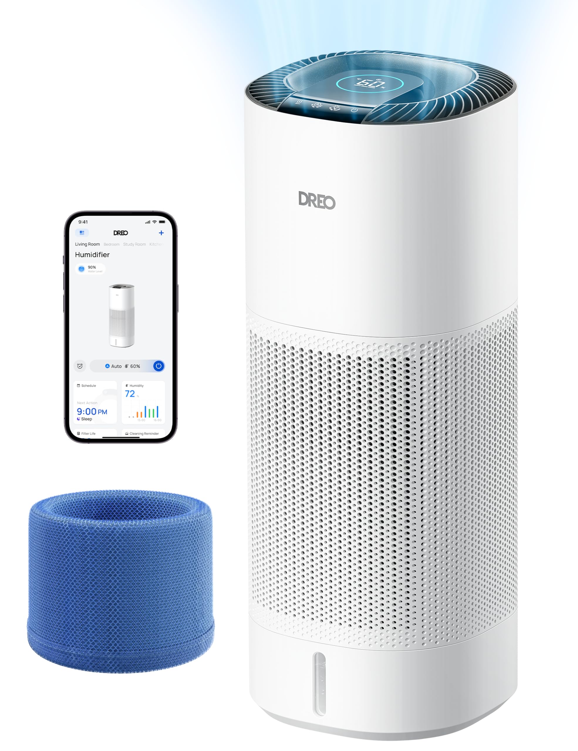 DREO Smart Evaporative Humidifier Large Room up to 1000ft², 800ml/h High Output Air Humidifiers for Bedroom, 10L, 50H Long Runtime with Precise Humidification for Plants, Home, Office, White, HHM774S