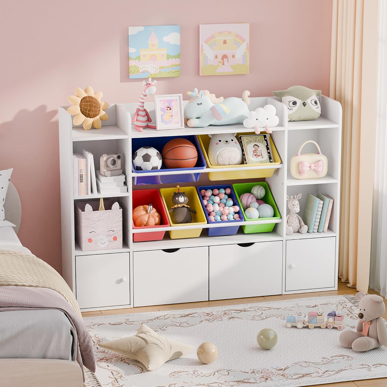 Xilingol Kids Storage Organizer W/6 Removable Bins, 4-Tier Organizers W/6 Storage Cubbies and 2 Movable Drawers, Kid Bookshelf and Storage for Playroom, Bedroom, Kids Room (Multicolor)
