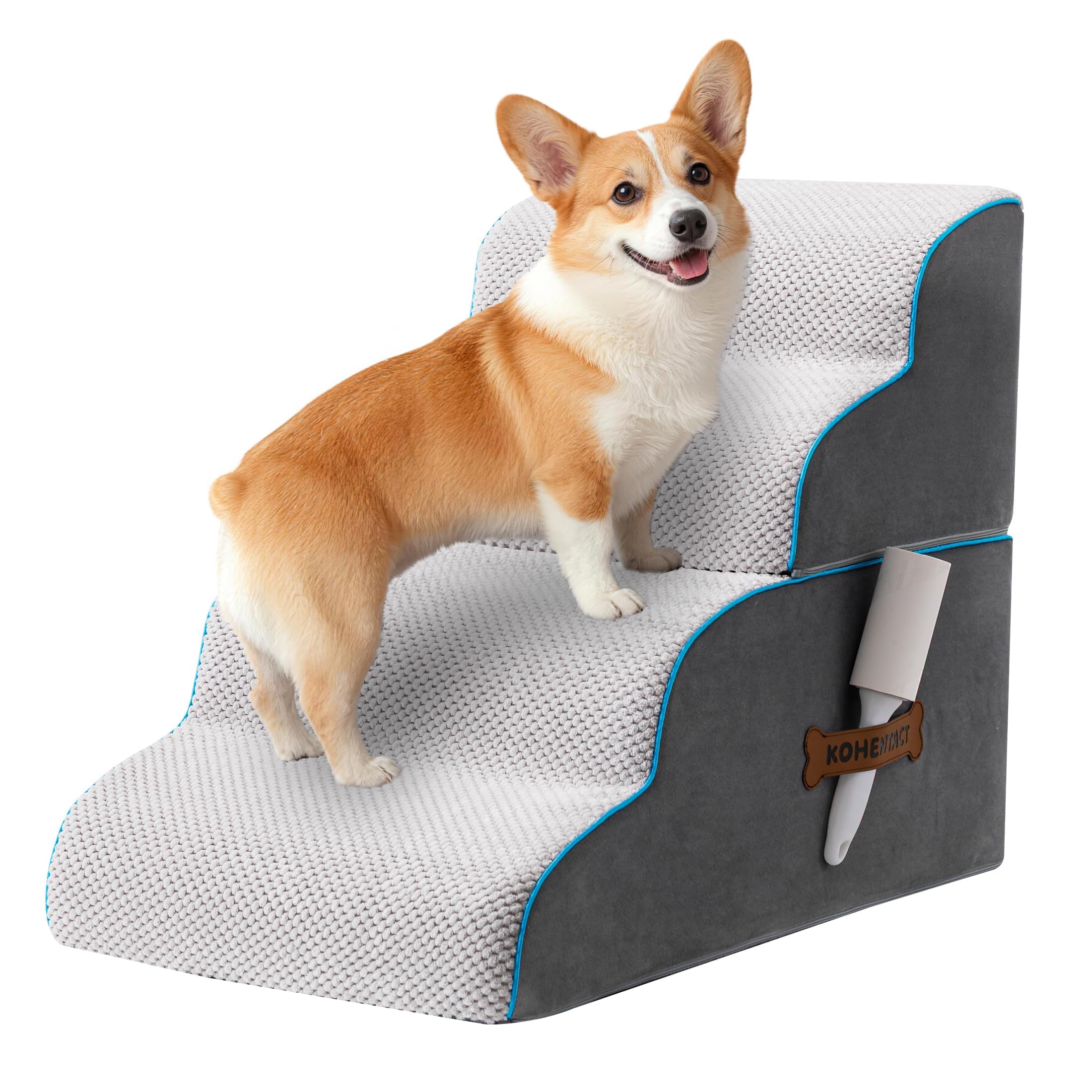 Scaletta per Cani e Rampa per Letto Alto e Divano, 33-61 cm Scala Rimovibile per Cani Piccoli e Medi, Schiuma 40D Robusta, Antiscivolo, Rivestimento Lavabile con Rullo Levapelucchi, Grigio