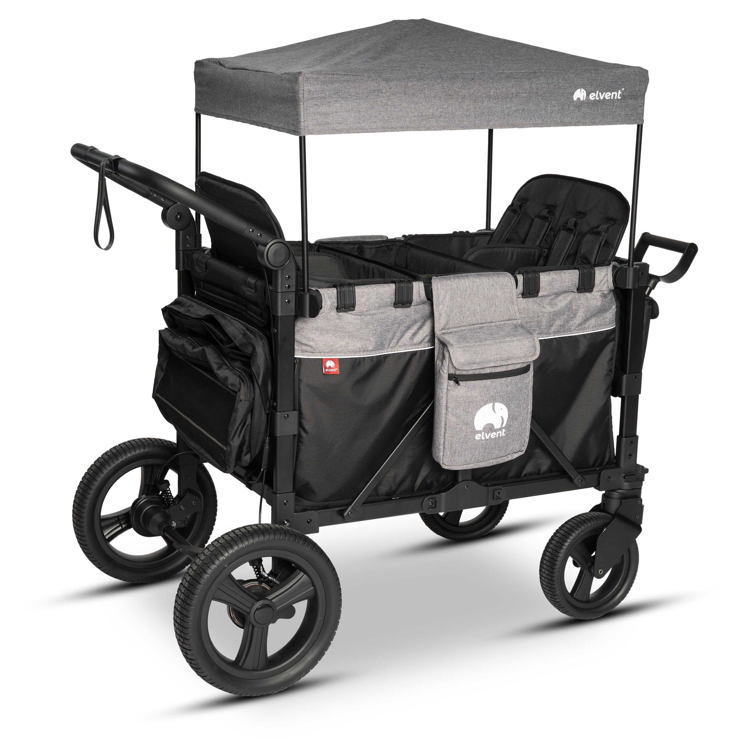 elvent® FlexProfessional 4 Bollerwagen 4-Sitzer | TÜV-Zertifiziert I Handwagen faltbar mit Dach, 5-Punkt-Gurt, Feststellbremse, 100 kg | Kita & Tagespflege (Grau)