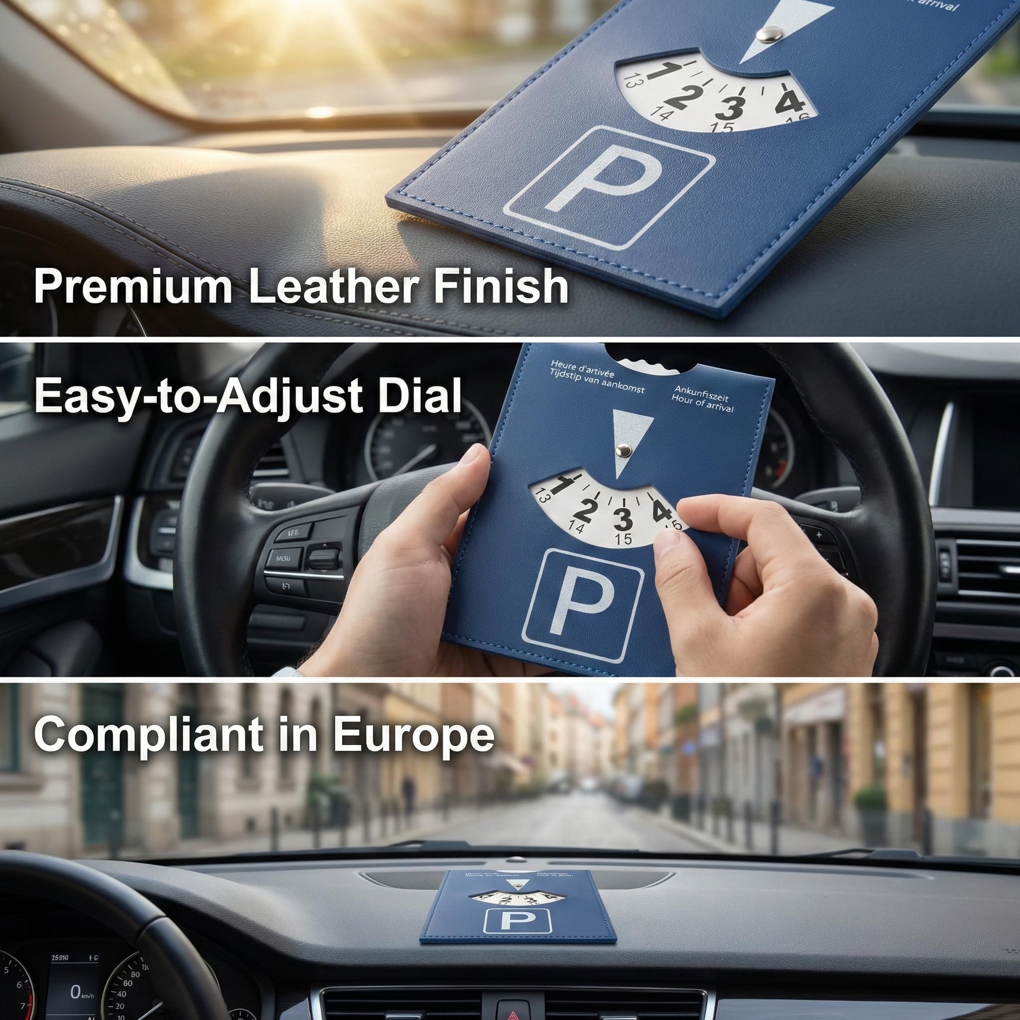 Disco horario Europeo para estacionamiento 1 Unidad Grande 10x13 cm Color Azul en Cuero sintético Suave para Coche Moto y Autocaravana Uso Urbano y Viajes
