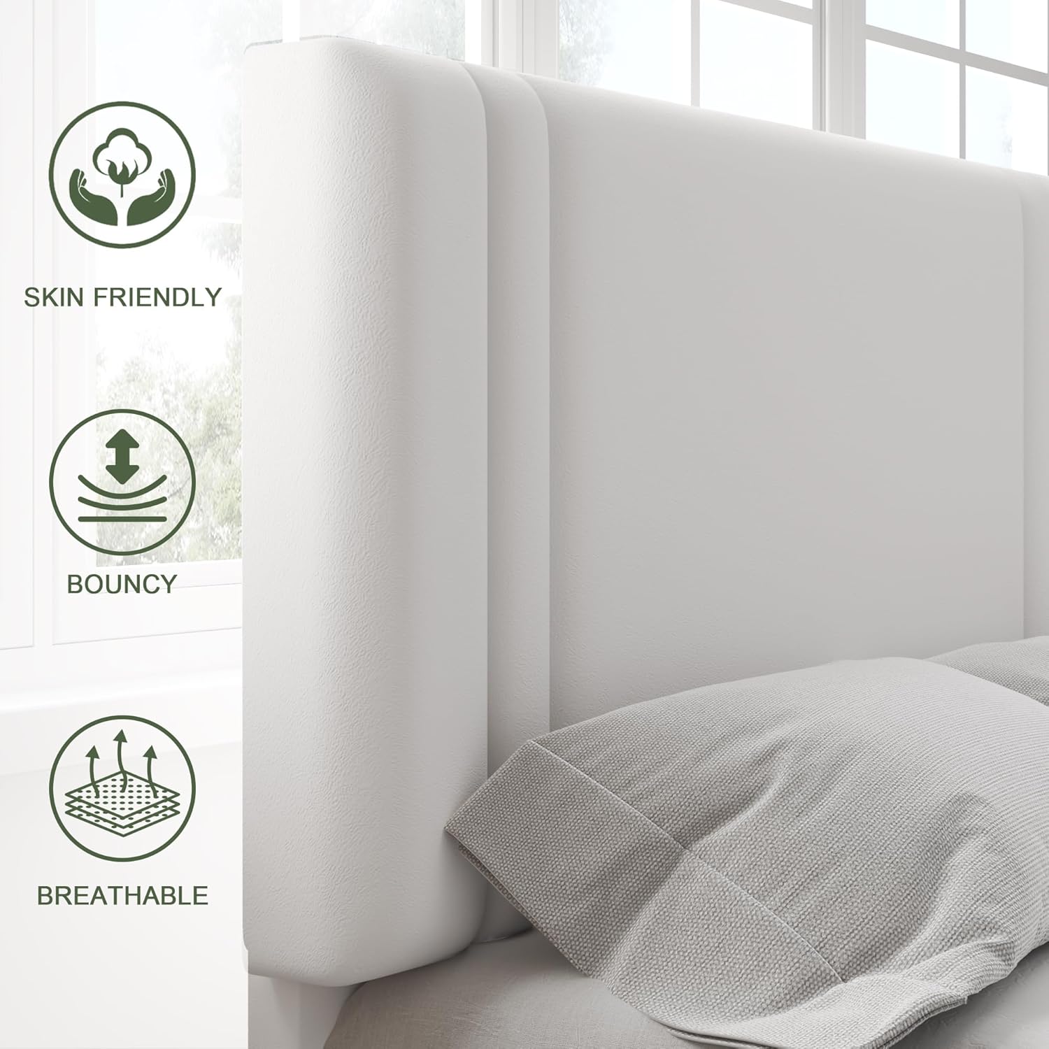 Feonase Twin Platform Bed Frame, Velvet Upholstered Wingback Bed Frame, Solid Wood Slats & Heavy Duty Feet Support, No Box Spring Needed, Noise-Free, Easy Assembly, White