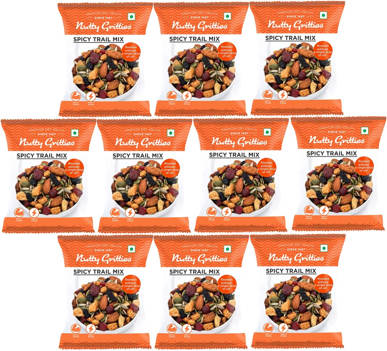 Spicy Trail Mix 240g (Pack of 10 x 24g) | Healthy Snack | Zero Oil | High Protein | Crunchy & Tasty | Resealable Pouch