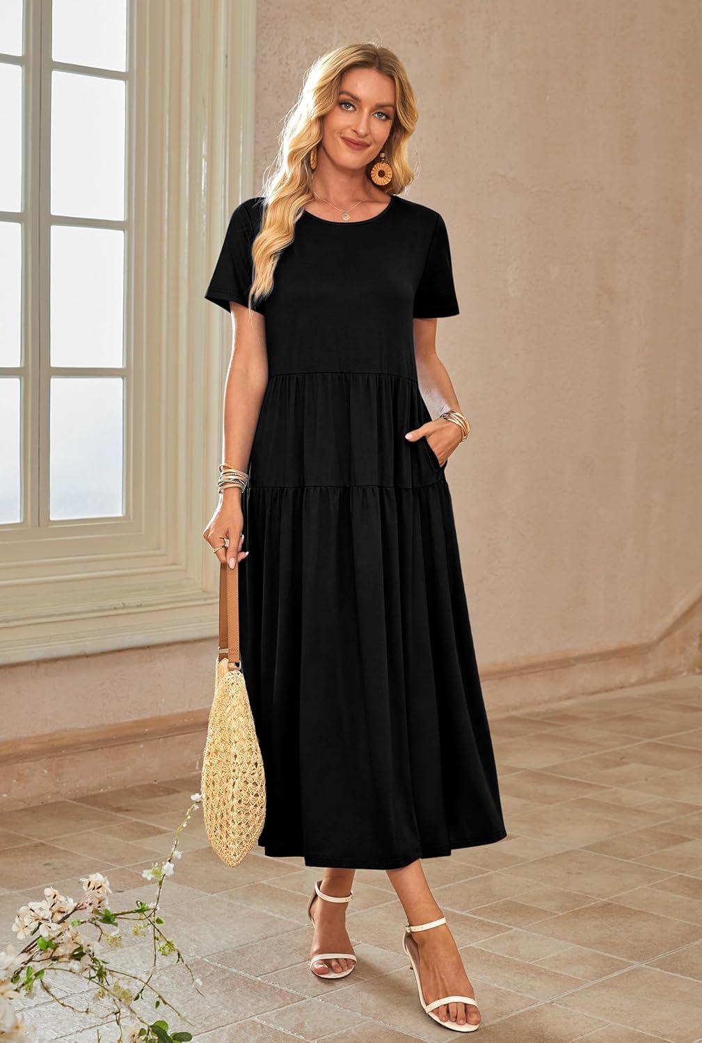 OFEEFAN Maxi Dress Casual Dresses for Women Crew Neck Short Sleeve Tiered Dress with Pockets - Image 3