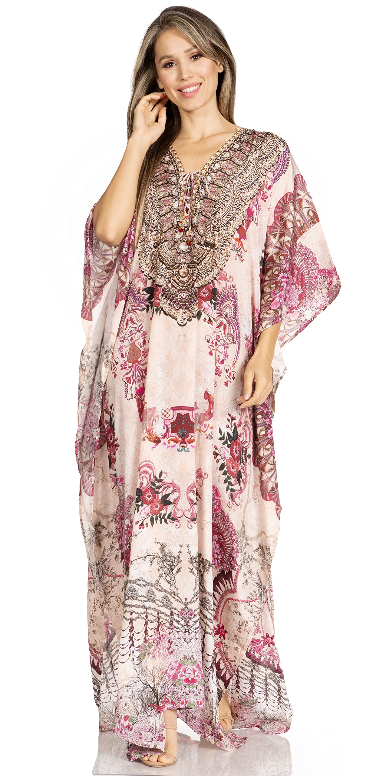 Sakkas Yeni Women's Short Sleeve V-Neck Summer Floral Long Caftan Dress Cover-up