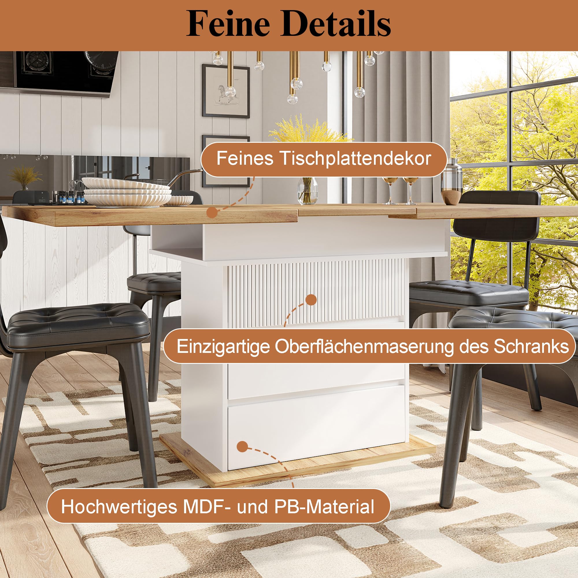 Mesa de comedor telescópica, mesa de cocina plegable para 4-6 personas, mesa de comedor extensible, ahorra espacio, para cocina y salón, tres niveles, 110-140 x 80 cm (blanco)