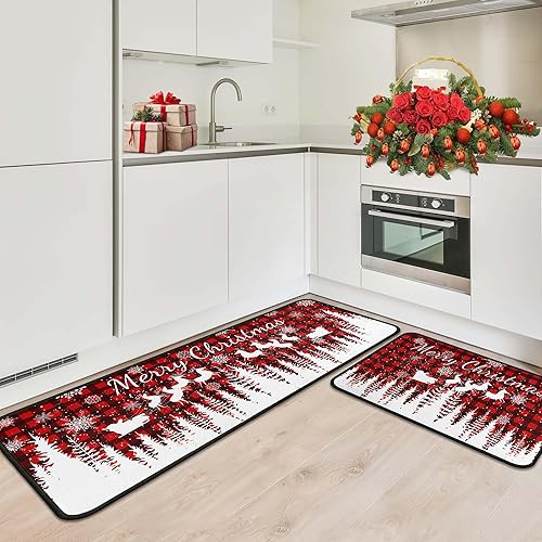 Miniatura 4 de Juego de 2 alfombras de cocina de búfalo con diseño de árboles de Navidad, copos de nieve, color rojo, para fiestas de invierno y vacaciones,