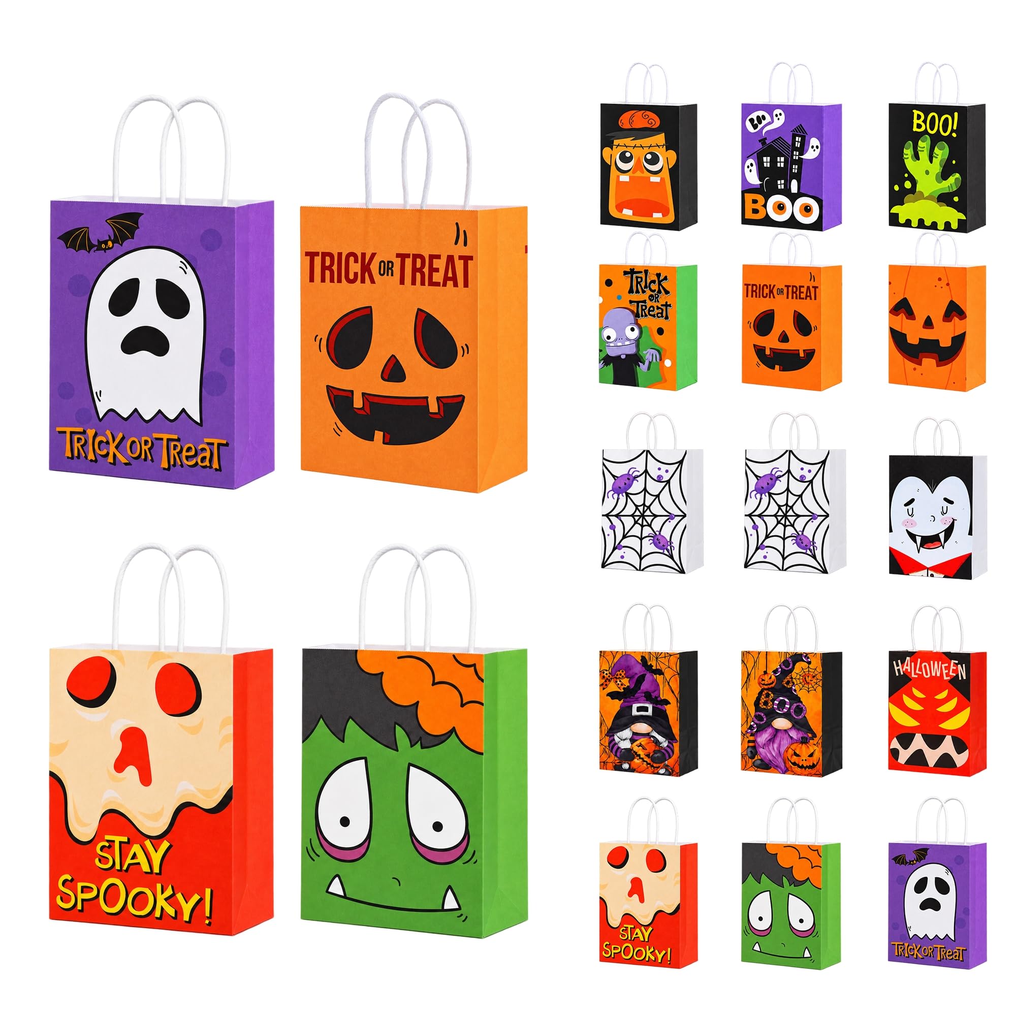Halloween Paper Gift Treat Bags for Kids 12Pack – Halloween Trick or Treat Party Gift Bags with Handles, 7 Spooky Designs 120gsm Party Favors & Candy