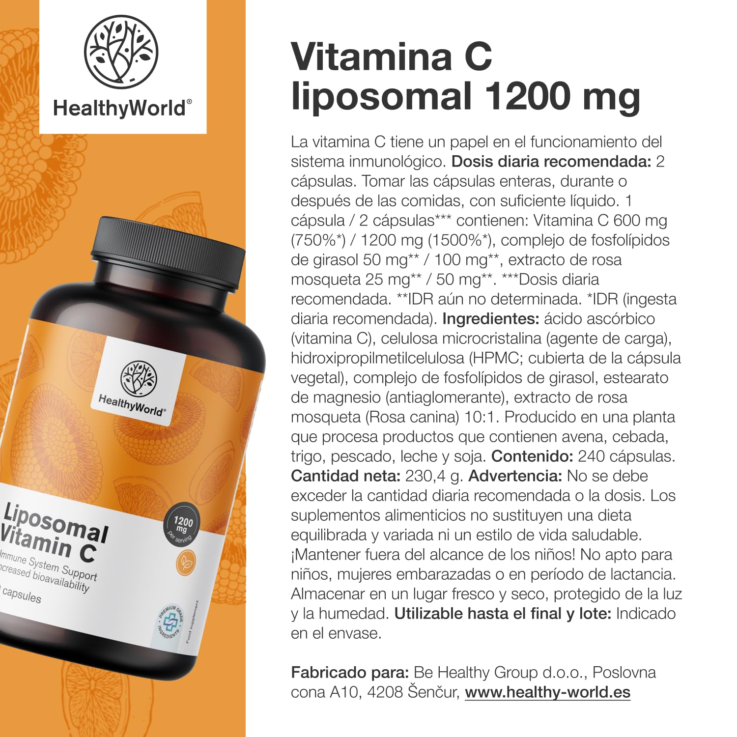 HealthyWorld Vitamina C liposomal - 240 cápsulas vegetales - 1200 mg de vitamina C al día - Con complejo fosfolípido de rosa mosqueta y girasol - Suministro para 4 meses - Alta biodisponibilidad
