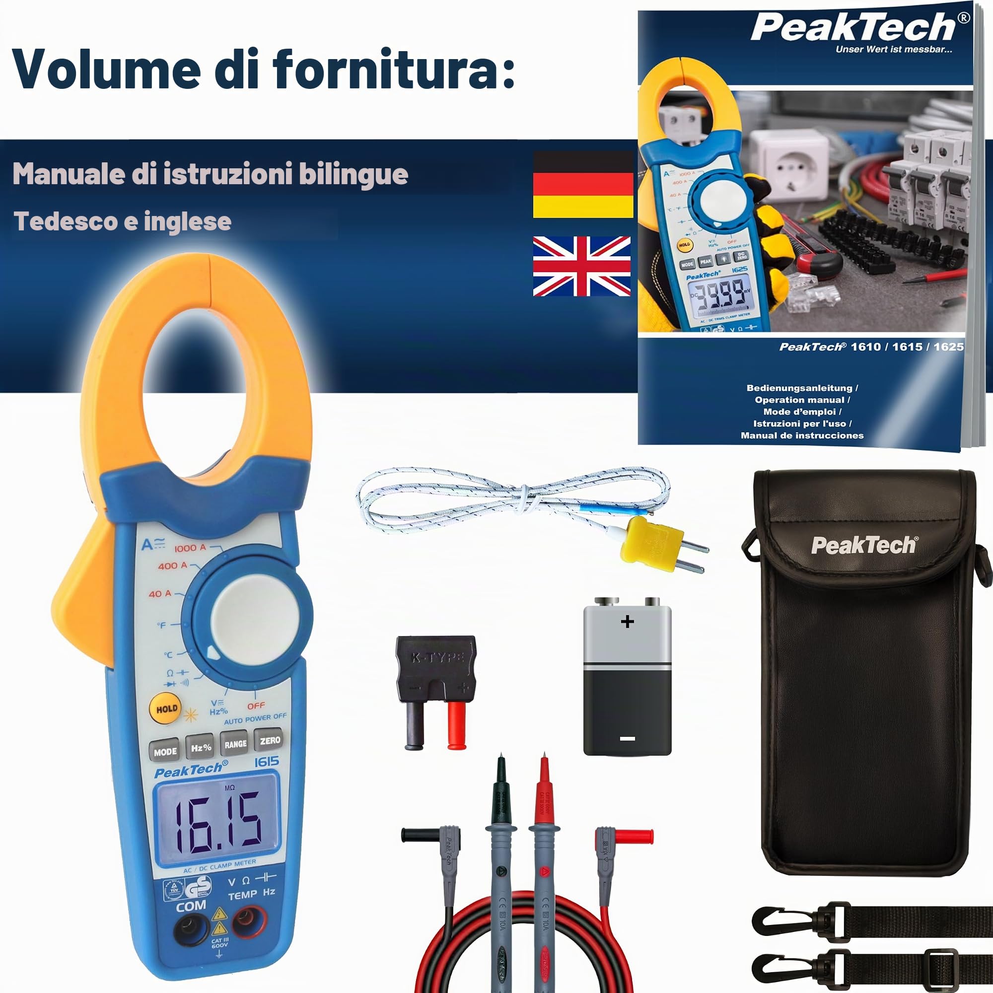 Peaktech P 1615 – Pinza Ac/Dc 1000A, Multimetro a Pinza, Tüv/Gs, Cat Iii, Pinza Amperometrica, 4000 Conteggi, Voltmetro senza Contatto, Amperometro, Tester di Continuità - Max. 600 V