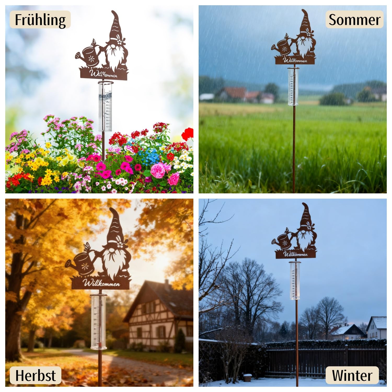 Pluviometro da giardino decorativo 100 cm vetro con picchetto e nano benvenuto