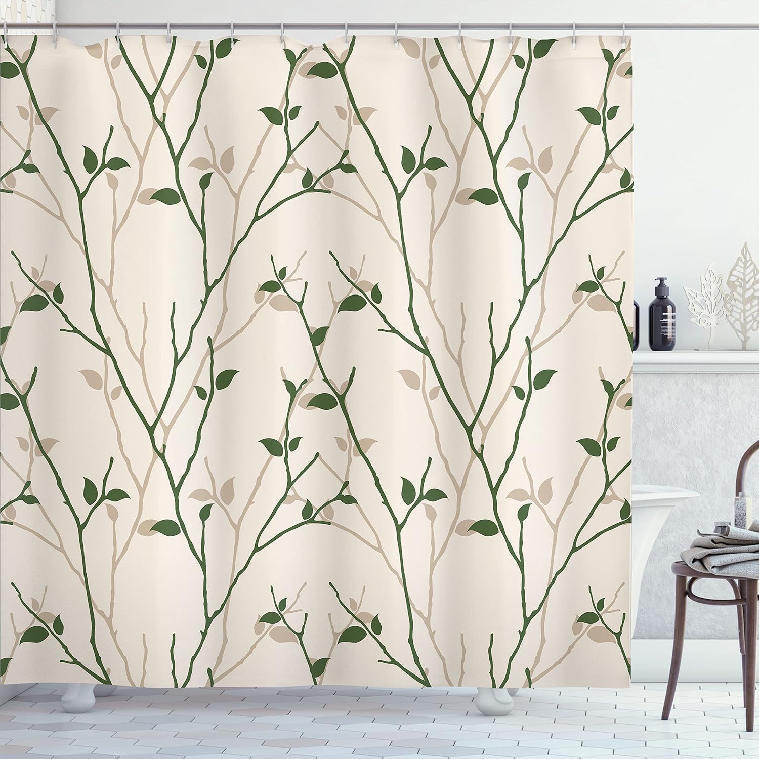 Ambesonne Leaf Shower Curtain, Branches in The Fall Trees Stem Twig Last Few Leafage Minimalistic Design Art, Cloth Fabric Bathroom Decor Set with Hooks, 69" W x 75" L, Cocoa White