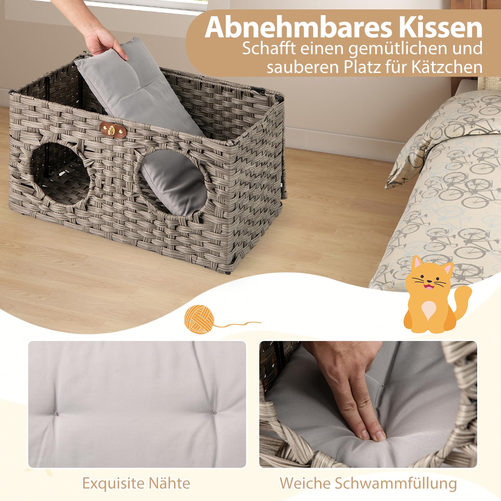 COSTWAY Katzenhaus aus PE-Rattan, Klappbar, Katzenbett mit abnehmbaren Kissen & abschließbarer Deckel, Katzenschrank für kleine mittlere Katzen, Indoor Katzenmöbel, 60 x 35 x 35 cm