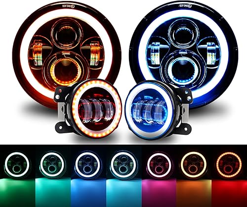 Wrangler - Faro LED de 7 pulgadas y 4 pulgadas, combo de luces antiniebla LED, halo RGB DRL y luz intermitente ámbar, control por aplicación