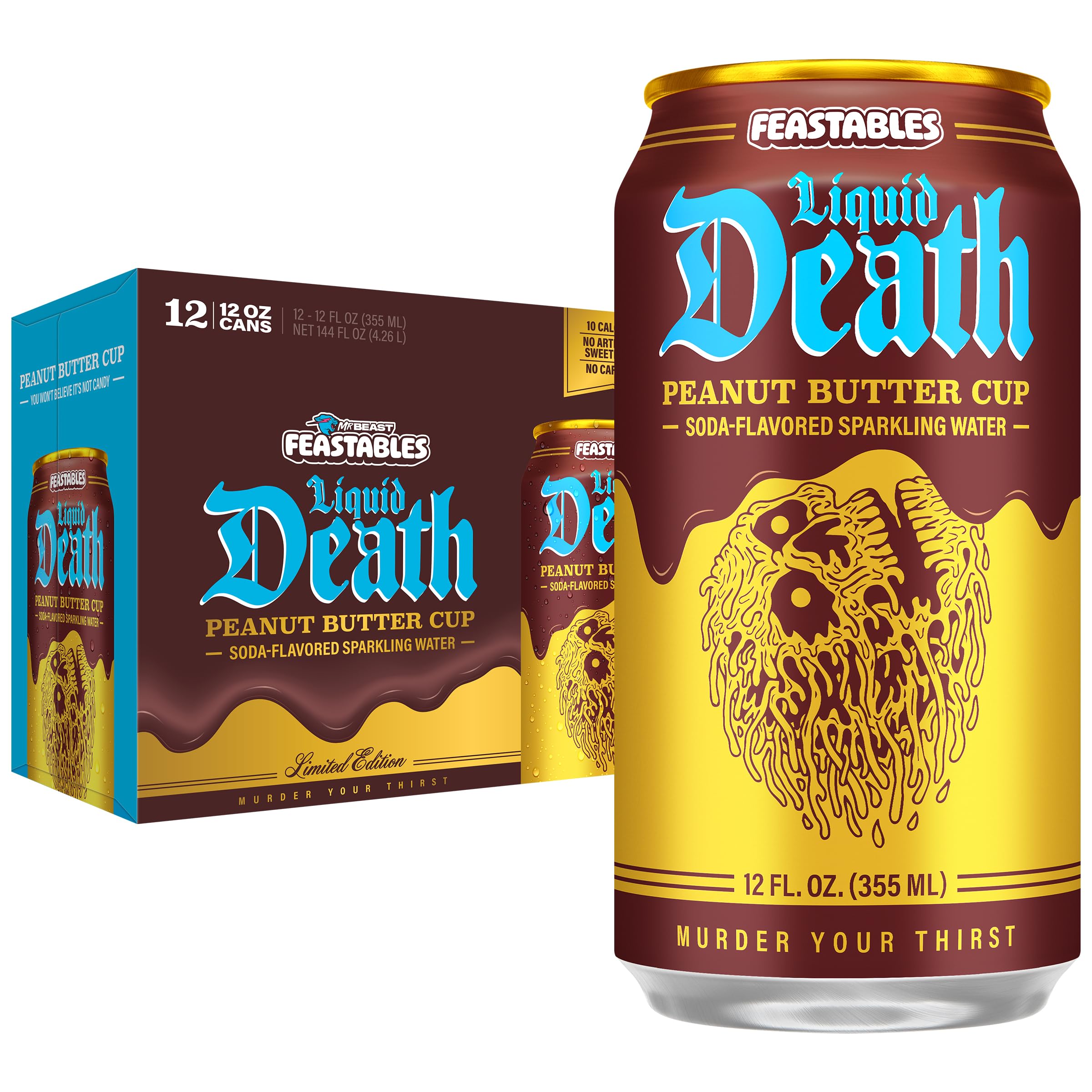Liquid Death Soda-Flavored Sparkling Water - Feastables Peanut Butter Cup, Less Sugar*, Huge Flavor, No Caffeine, No Artificial Sweeteners, 12 Fl Oz (Pack of 12)