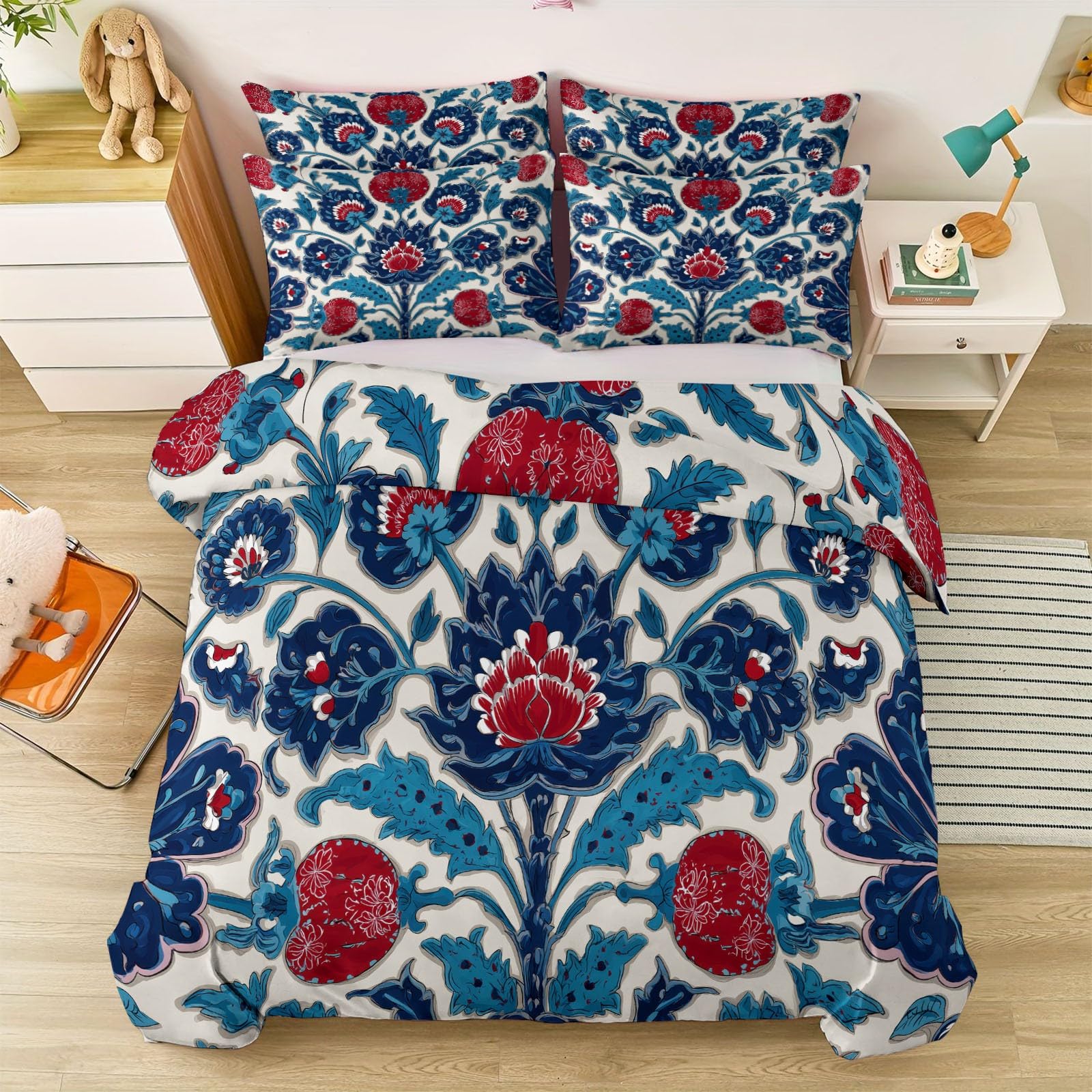 Pojedynczy zestaw poszewek na kołdrę w stylu boho, wielokolorowy pop art symetria kwiatowy nadruk liści, ultramiękki zestaw dwustronnych poszewek na kołdrę z mikrofibry, 135 x 200 cm, z 2 poszewkami