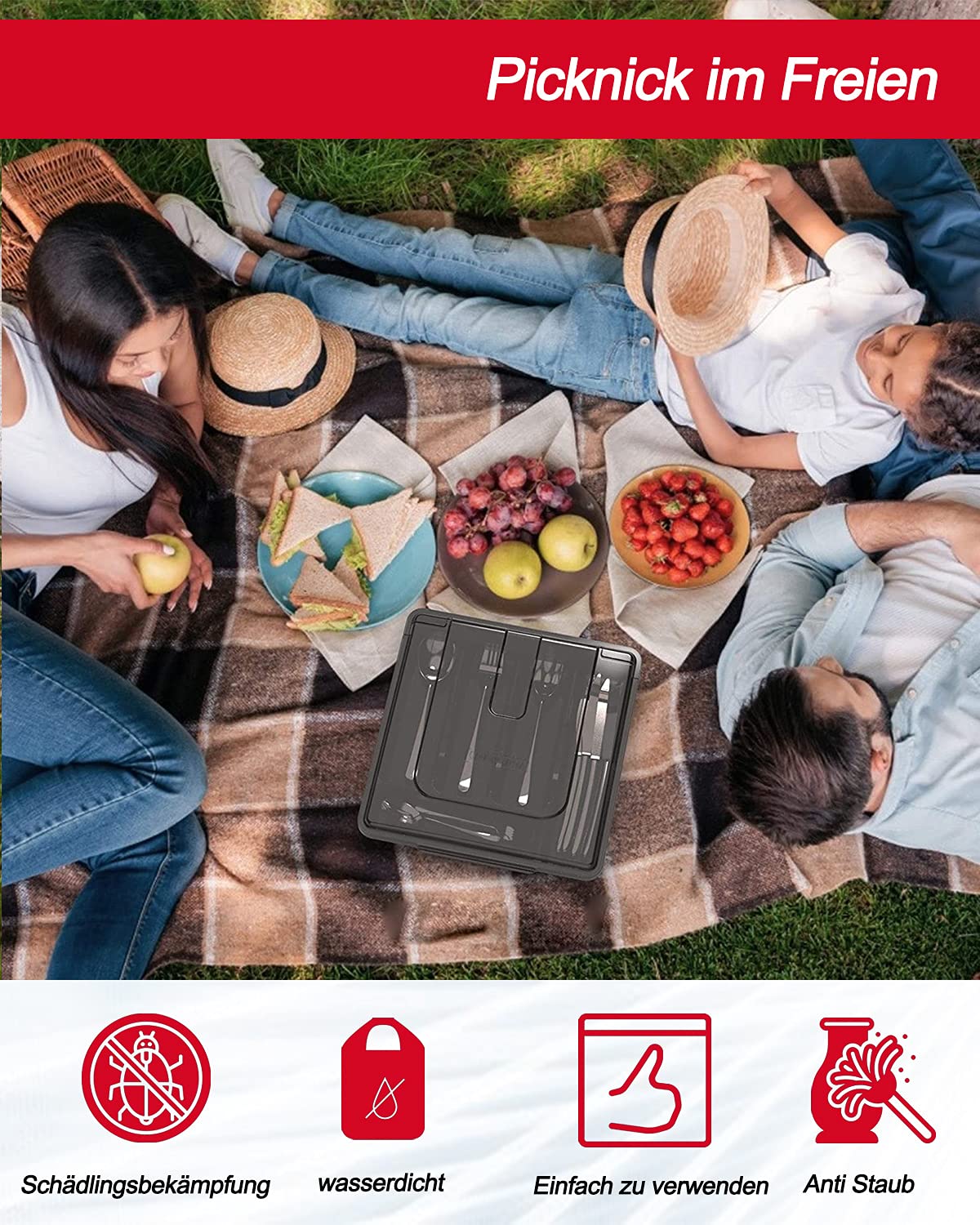 Portaposate con coperchio portatile, compatto per vacanze in campeggio, viaggi, giardino, 30x30x7 cm, nero