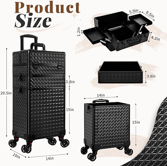 3 in 1 Rolling Makeup Train Case Cosmetology Case on Wheels, Black