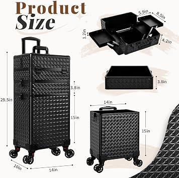 3 in 1 Rolling Makeup Train Case Cosmetology Case on Wheels, Black