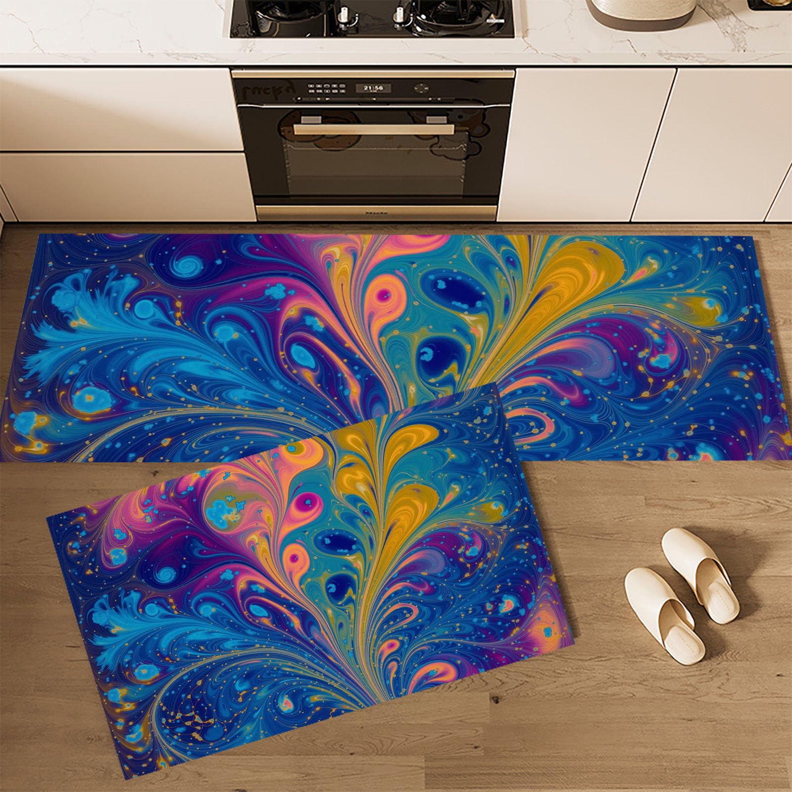 Tapis de cuisine lot de 2 bleu antidérapant et paillasson lavable pour entrée de maison