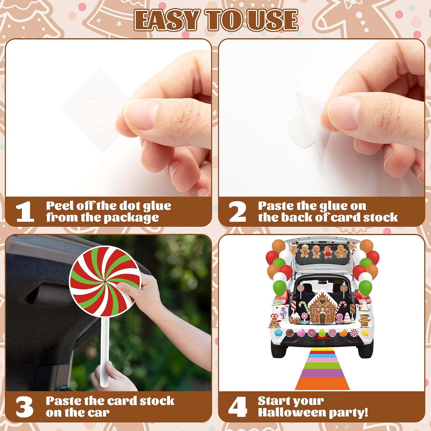 71Pcs Halloween Candy Land Gingerbread House Trunk or Treat Car Decoration Kit, Christmas Candy Theme Outdoor Decor with Gingerbread Backdrop Banner Balloons for Archway Entryway Garage
