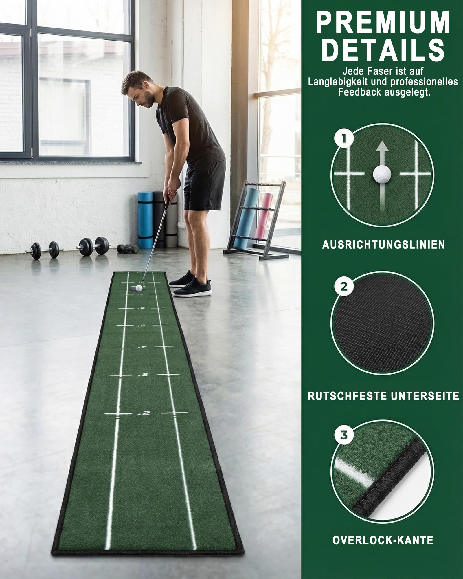 Golf Putting Matte: Putting Alignment Matte 280x28cm mit Linienführung für Putting Training Minigolf für Zuhause Indoor Golf Matte Büro Home Practice für Golfer Männer