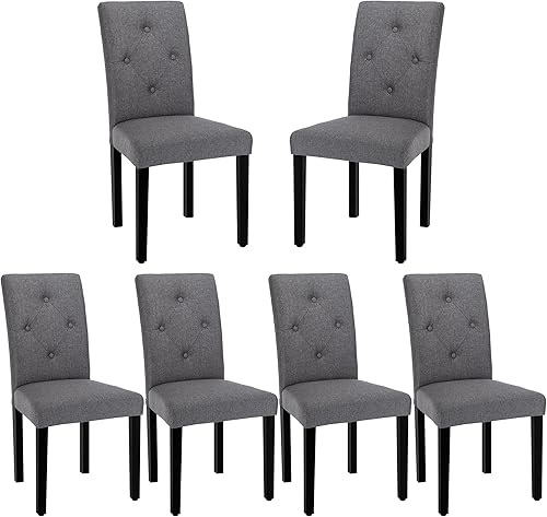 VECELO Juego de 6 sillas de comedor tapizadas, tela moderna y patas de madera maciza y respaldo alto para cocinasala de estar, color gris oscuro