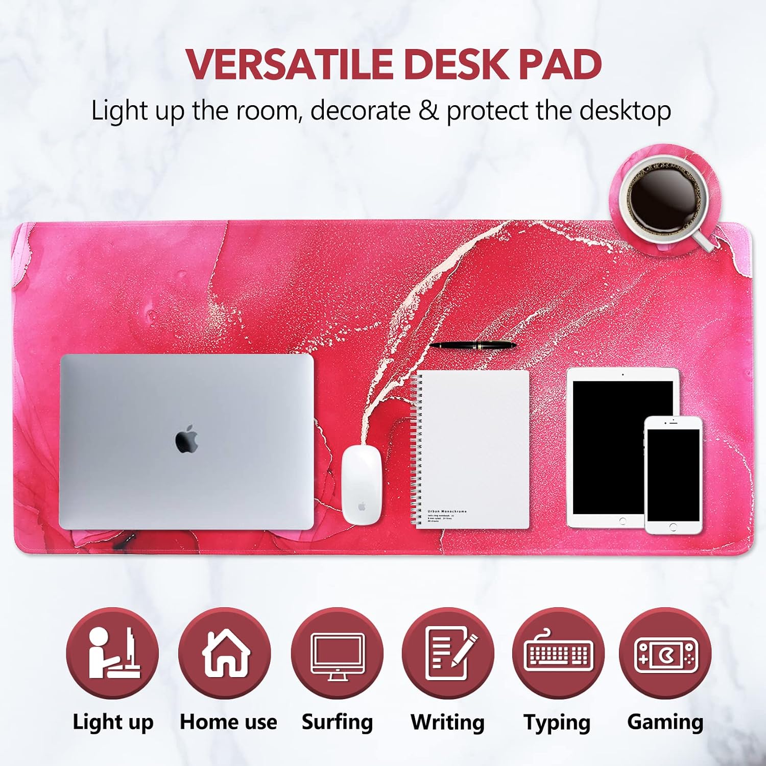 AIMSA Extended Gaming Mouse Pad, XL Large Keyboard Mouse Mat Desk Pad with Stitched Edges, Durable Non-Slip Base Mousepad for Home Office Work, 35x15.7inch,Red Marble image 5