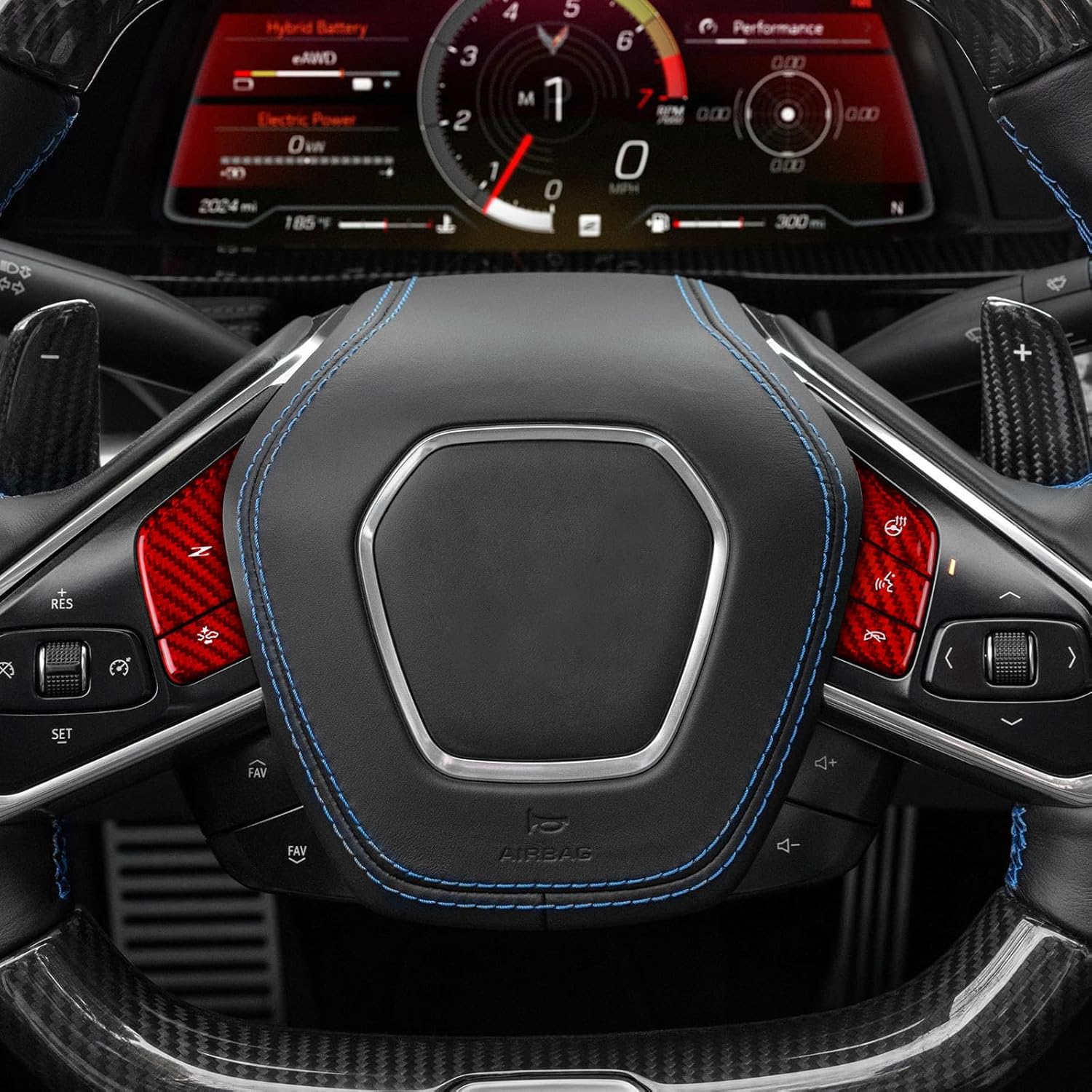 Real Carbon Fiber Steering Wheel Button Covers - 5PCS for Corvette C8 2024 2025 Carbon Fiber Accessories, Durable Anti-Scratch Protective Accessories (with Heating Button, Red)