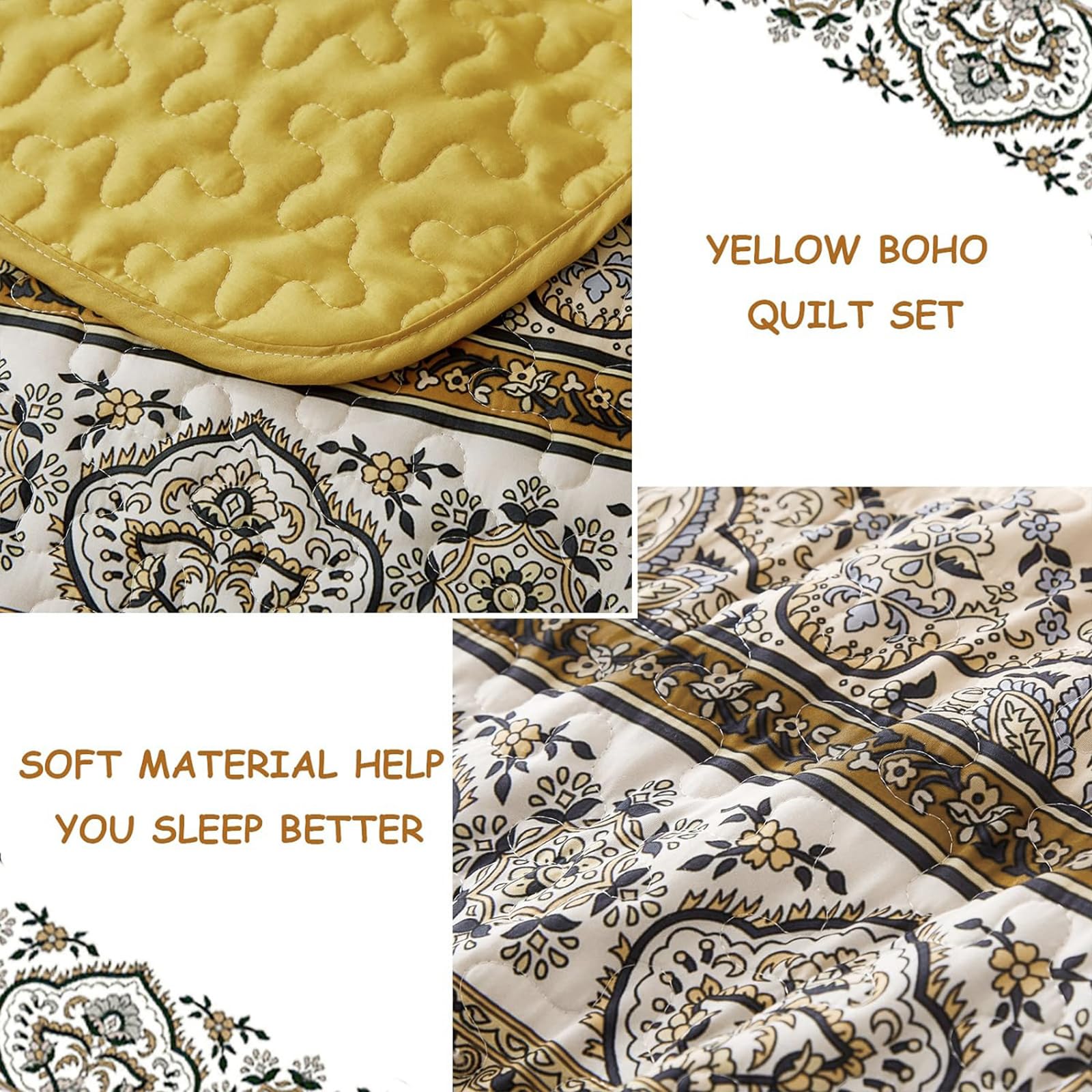 WONGS BEDDING Żółto-pomarańczowa kołdra boho w rozmiarze king size, lekka kołdra z mikrofibry, dekoracja łóżka na każdą porę roku, 260 x 229 cm (3 sztuki)