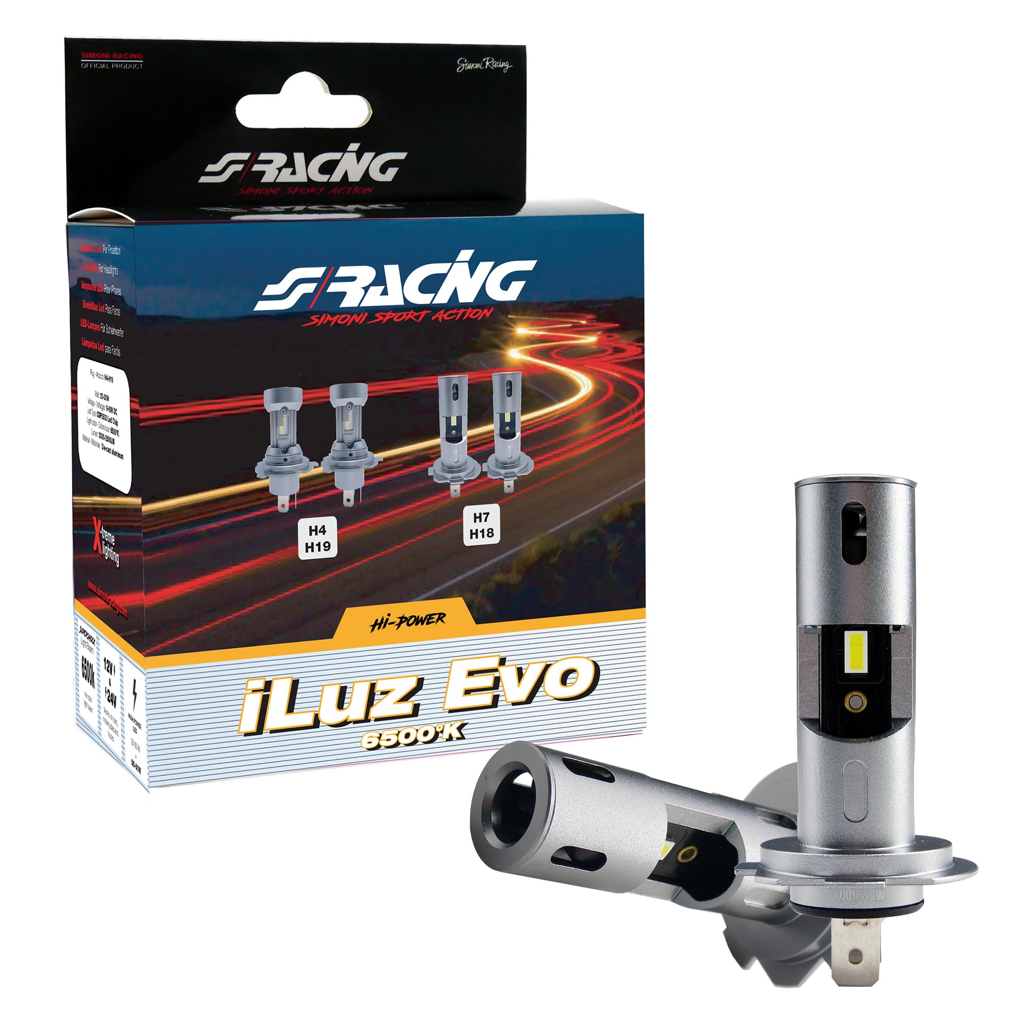 Simoni Racing EZ7 Konwersja LED iLuz Evo, zestaw 2 żarówek LED z przyłączem H7 - H18 małe wymiary do samochodów i motocykli z białym światłem 6500°K