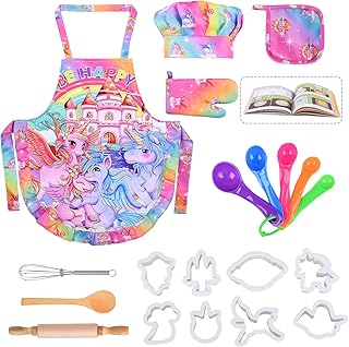 FUQUN Kids Cooking and Baking for Girls Gift Set,Unicorn-Themed 21Pcs Chef & Baker Role Play Toy Kit for Kids,Complete Cooking Supplies for The Junior Chef,Baking Toys for Kids Ages 4-8 with Cookbook