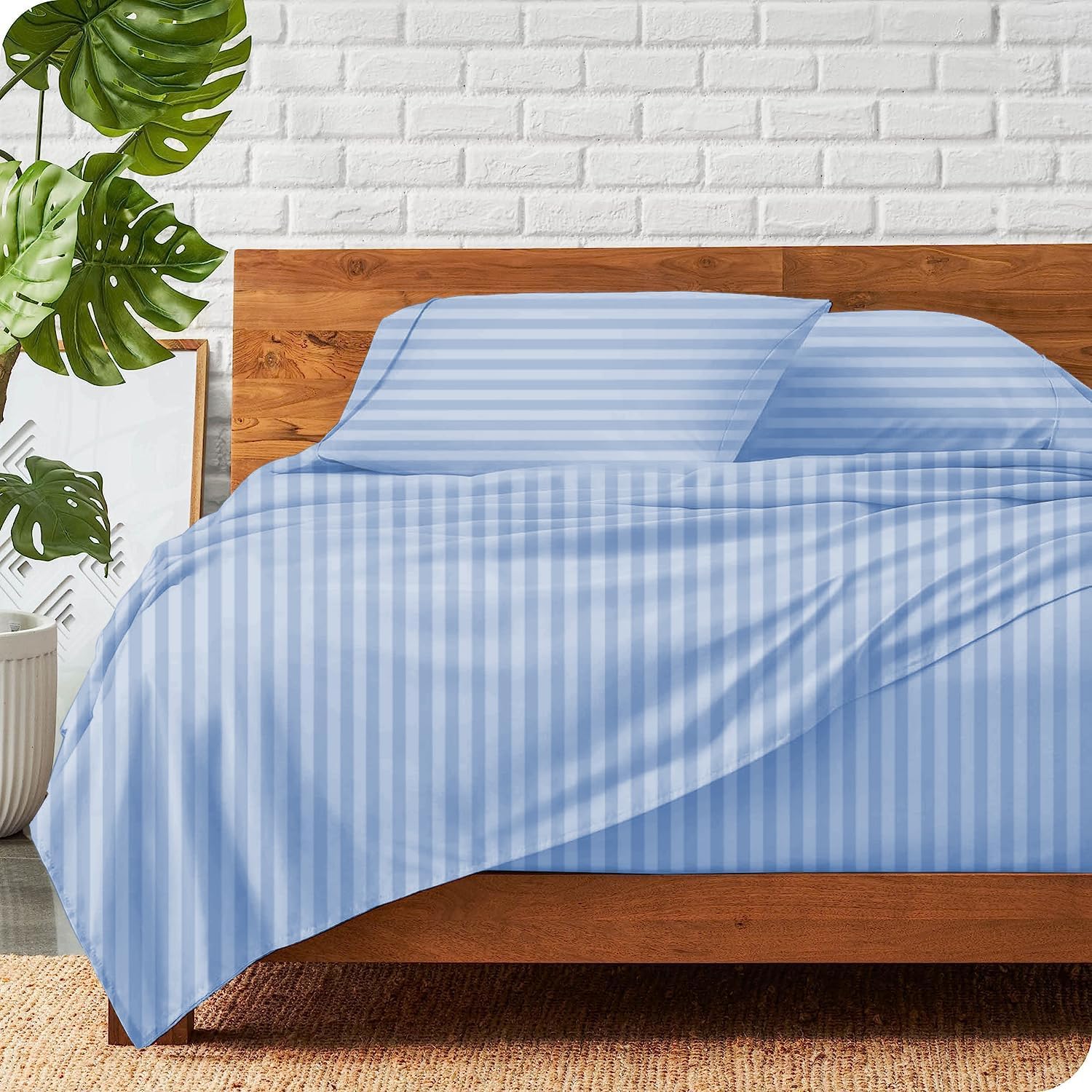 Olivia Rocco 6 Piece 1000 Thread Count 100% Egyptian Cotton Sheet Set 15" Inch Deep Pocket Long Staple Cotton Bedding Sheets, Sateen Weave Hotel Quality Bed Sheets Queen Size - Light Blue Stripe