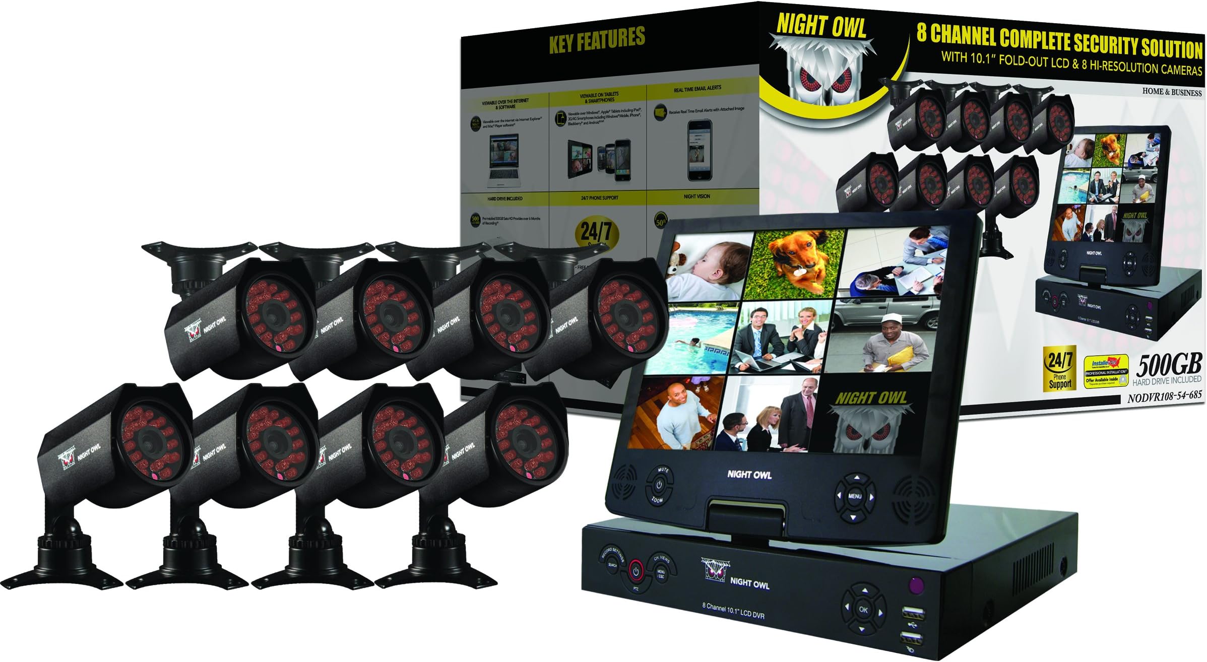 8 Channel Complete Security Solution with 10.1" Fold- Out LCD Screen, 8 Hi-Resolution Cameras and Free Night Owl Lite Software