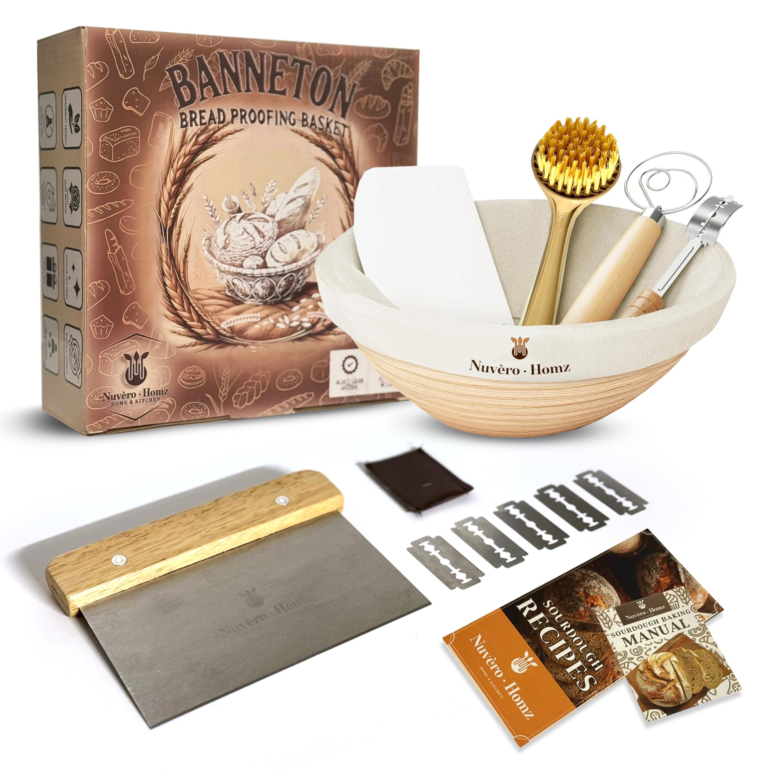 Nuvèro·Homz Banneton Bread Proofing Basket Set – 9 Inch Round Sourdough Starter Kit with Tools & Supplies, Bread Making & Baking Supplies – Ideal Gift Set for Bakers