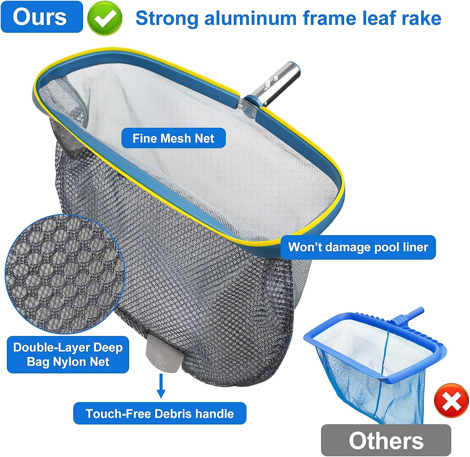 BLIKA Pool Skimmer Net, 18" Pool Leaf Rake with Aluminum Alloy Frame & Double-Layer Deep Bag, Pool Skimmer Deep Net, Leaf Skimmer Net for Above Ground Pool, Spas, Ponds and Kids Inflatable Pool